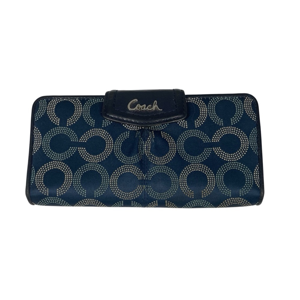 Coach Ashley Dotted Op Art Signature Wallet Sateen Navy Blue Leather Trim